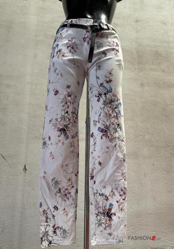 Blumenmuster Hose mit Gürtel mit Reißverschluss mit Knöpfen - ph 1