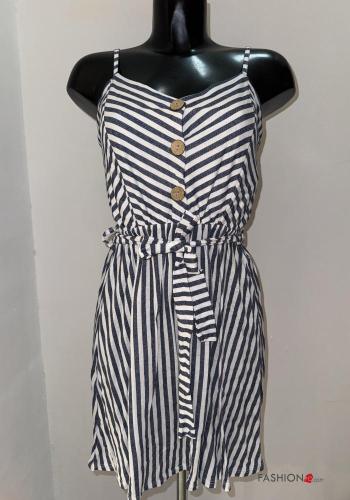 Robe en Coton à genoux à dos nu sans manches Imprimé à rayures à boutons avec ceinture en tissu