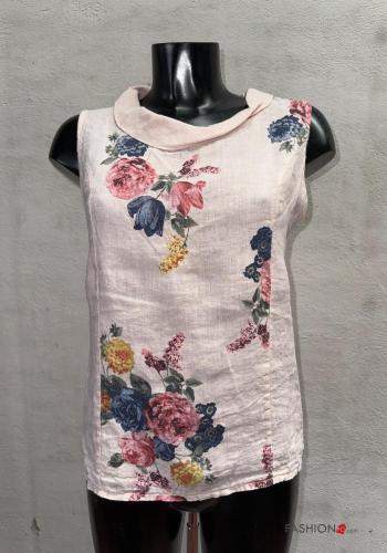 Blusa in Lino girocollo senza maniche con colletto Fantasia floreale