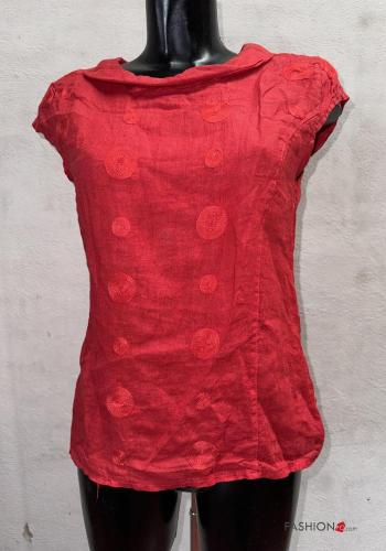 Blusa in Lino girocollo maniche corte con colletto Fantasia pois - ph 1