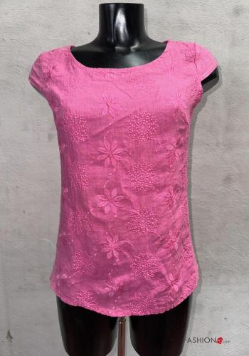 Blusa in Lino maniche corte girocollo Fantasia ricamata - ph 1