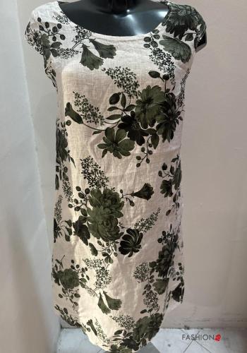 Floral short sleeve crew neck knee-length Linen Dress with pockets