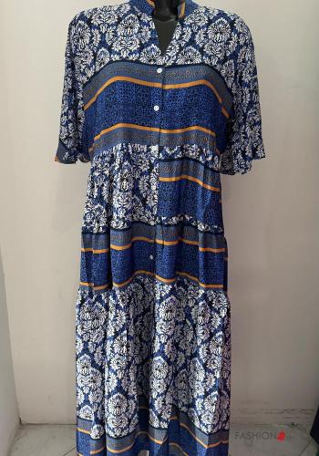 Graphic Print short sleeve long Silk Dress with buttons