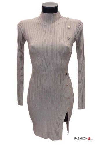 Gerippte lange ärmel Kleid Rollkragen- mit schlitz mit Knöpfen - ph 1