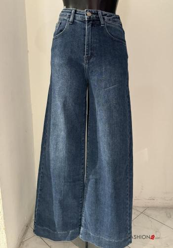 Jeans en Coton évasé en denim wide leg taille haute à boutons avec fermeture éclair avec poches - ph 1