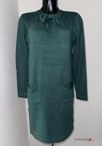 long sleeve knee-length Dress with pockets with bow