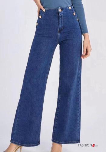 Denim wide leg hoher Taille Jeans aus Baumwolle mit Knöpfen mit Taschen - ph 1