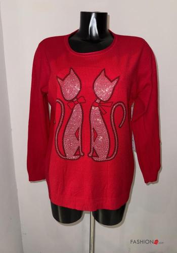 Maglione maniche lunghe girocollo Fantasia animali con strass
