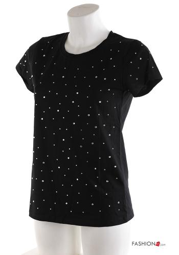 short sleeve crew neck Cotton T-shirt with rhinestones - ph 1
