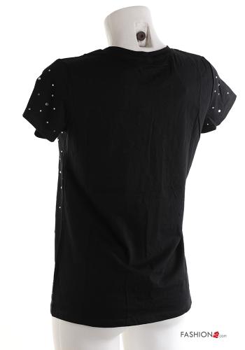 short sleeve crew neck Cotton T-shirt with rhinestones - ph 4