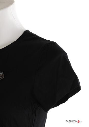 heart motif short sleeve crew neck Cotton T-shirt with rhinestones - ph 2