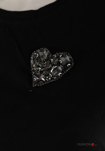 heart motif short sleeve crew neck Cotton T-shirt with rhinestones - ph 3