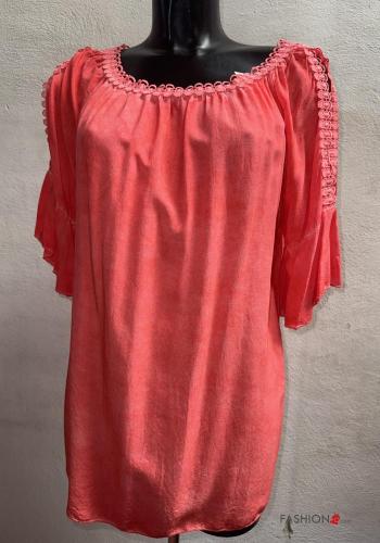 Blusa maniche volant girocollo Fantasia ricamata maniche a tre quarti