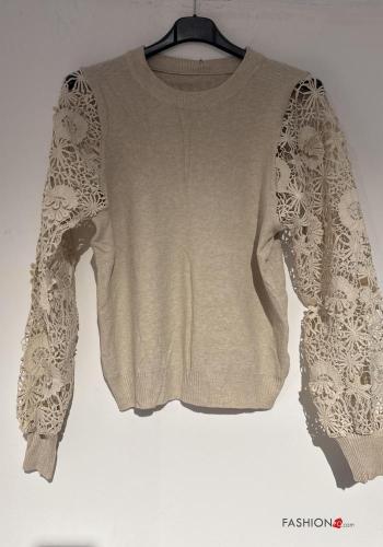 Embroidered long sleeve crew neck lace trim Sweater - ph 1