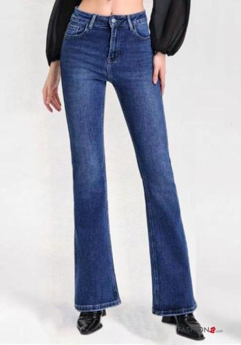 Denim hoher Taille Jeans aus Baumwolle mit Knöpfen mit Reißverschluss mit Taschen - ph 1