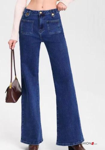 Calças de ganga em Algodão denim boca de sino com bolsos com botões com fecho