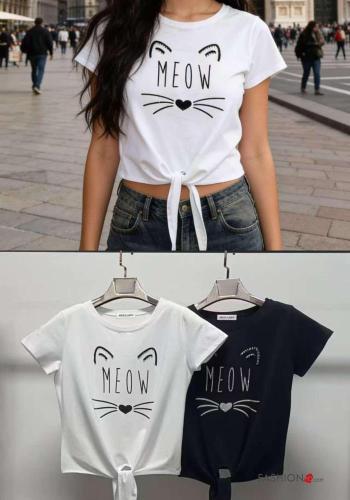 T-shirt de Algodón corto manga corta cuello redondo Diseño impreso con nodo - ph 1