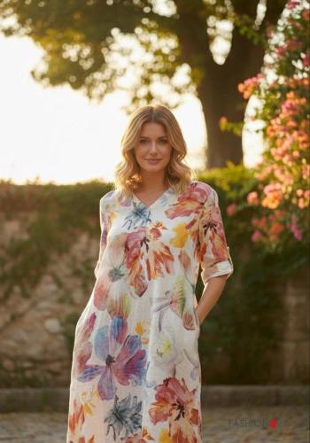 Floral Linen Dress with v-neck - ph 1
