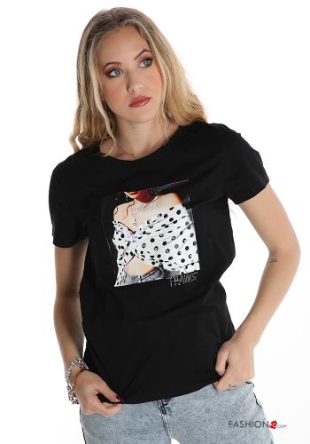 T-shirt in Cotone Fantasia stampata con strass - ph 1