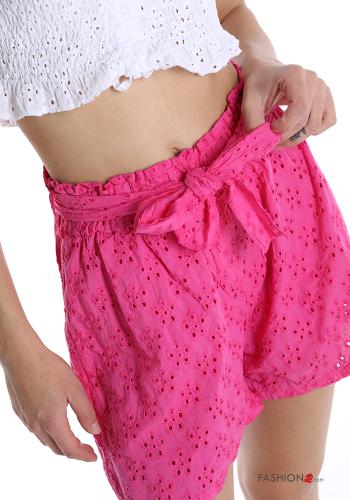 Pantaloncino Short in Cotone Fantasia ricamata con cintura con tasche - ph 4