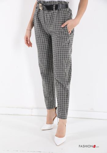 Tartan-Muster Hose aus Baumwolle mit Gürtel mit Taschen - ph 1