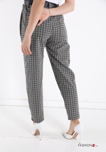 Tartan-Muster Hose aus Baumwolle mit Gürtel mit Taschen - ph 2
