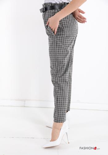 Tartan-Muster Hose aus Baumwolle mit Gürtel mit Taschen - ph 3