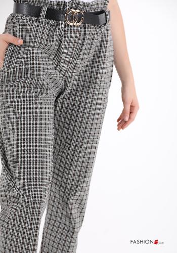 Tartan-Muster Hose aus Baumwolle mit Gürtel mit Taschen - ph 4
