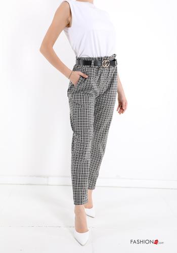 Tartan-Muster Hose aus Baumwolle mit Gürtel mit Taschen - ph 5