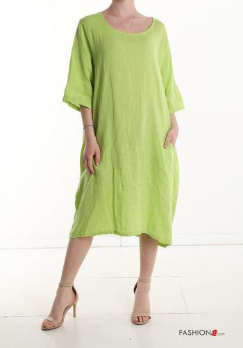 Abito in Lino oversize girocollo con tasche maniche a tre quarti - ph 1