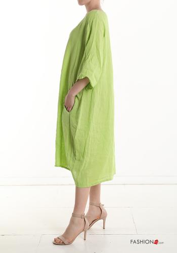 Abito in Lino oversize girocollo con tasche maniche a tre quarti - ph 3