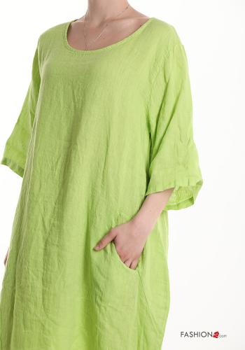 Abito in Lino oversize girocollo con tasche maniche a tre quarti - ph 4