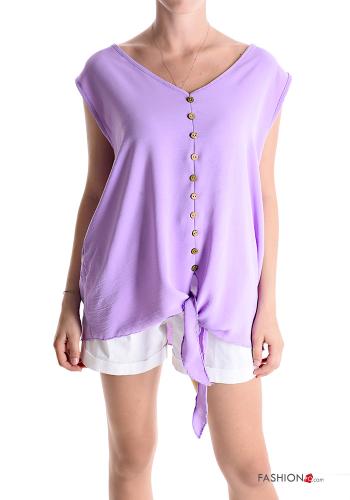 Blouse manches courtes à col en V à noeud à boutons - ph 1