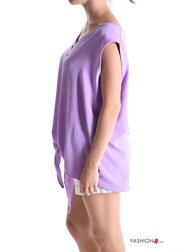 Blouse manches courtes à col en V à noeud à boutons - ph 3