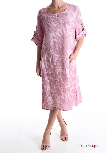 Patterned knee-length Linen Dress with pockets 3/4 sleeve