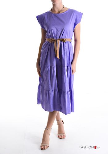 short sleeve knee-length Cotton Dress with flounces with ribbon