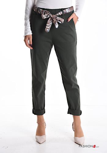 Trousers with fabric belt with elastic with pockets