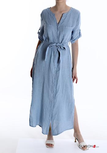 Robe chemise en Lin avec poches à col en V avec noeud - ph 1