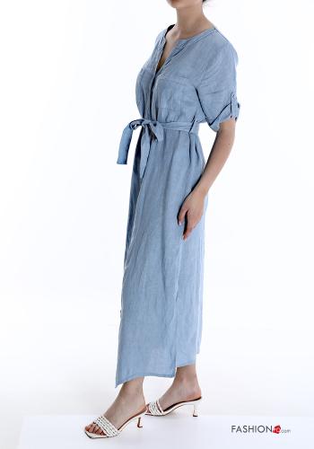 Robe chemise en Lin avec poches à col en V avec noeud - ph 3