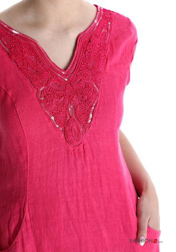 Robe en Lin Motif brodé avec des paillettes à col en V - ph 4