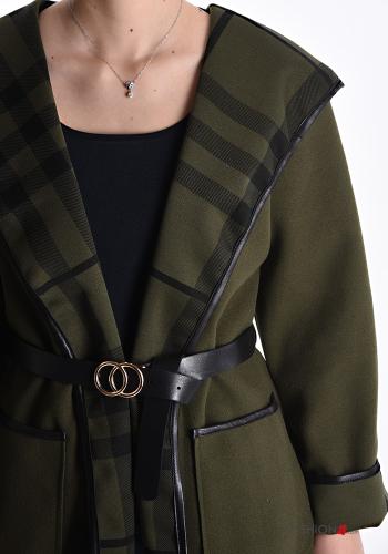 Tartan-Muster Duster-Mantel mit Gürtel mit Kapuze mit Taschen - ph 4