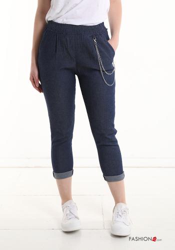 denim Cotton Trousers with chain with elastic with pockets
