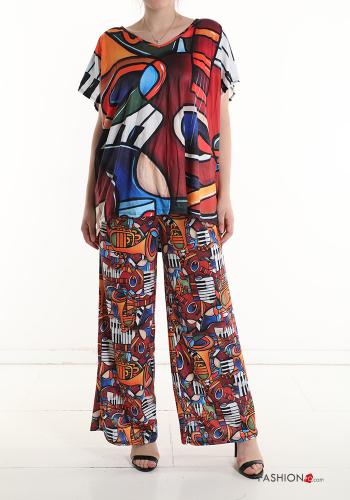 Coordinato in Cotone maniche corte Fantasia astratta scollo a V