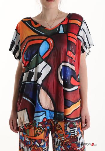 Coordinato in Cotone maniche corte Fantasia astratta scollo a V - ph 4