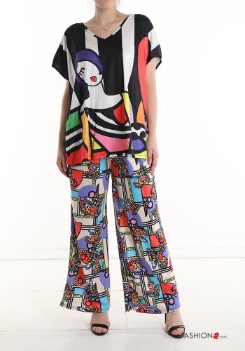 Coordinato in Cotone maniche corte Fantasia astratta scollo a V - ph 1