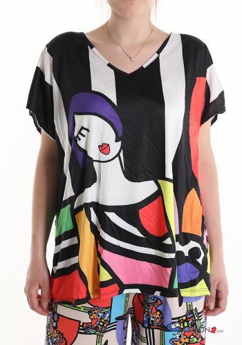 Coordinato in Cotone maniche corte Fantasia astratta scollo a V - ph 4