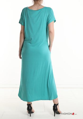 Vestido manga curta longo com bolsos gola V com fenda - ph 2