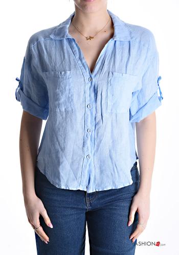 short sleeve Linen Shirt with buttons with pockets - ph 1