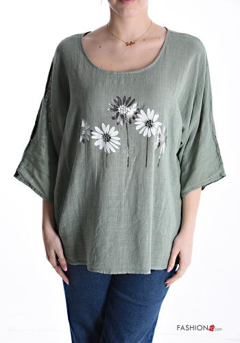 Patterned oversized crew neck Cotton Blouse 3/4 sleeve - ph 1