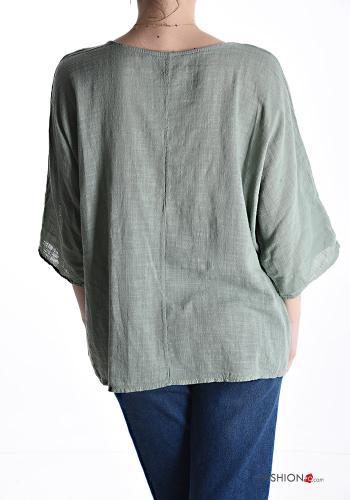 Patterned oversized crew neck Cotton Blouse 3/4 sleeve - ph 2